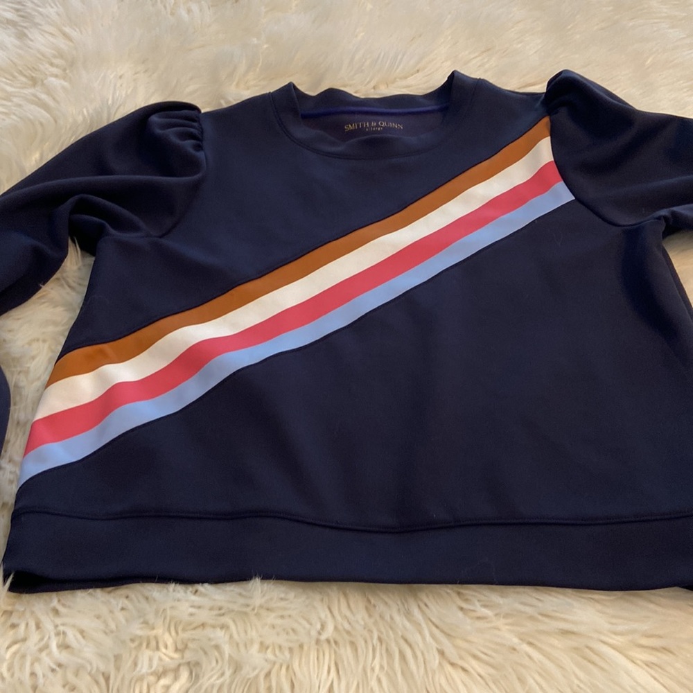 Chic Navy Crew Neck Sweater with Colorful Stripes - Picture 7 of 8
